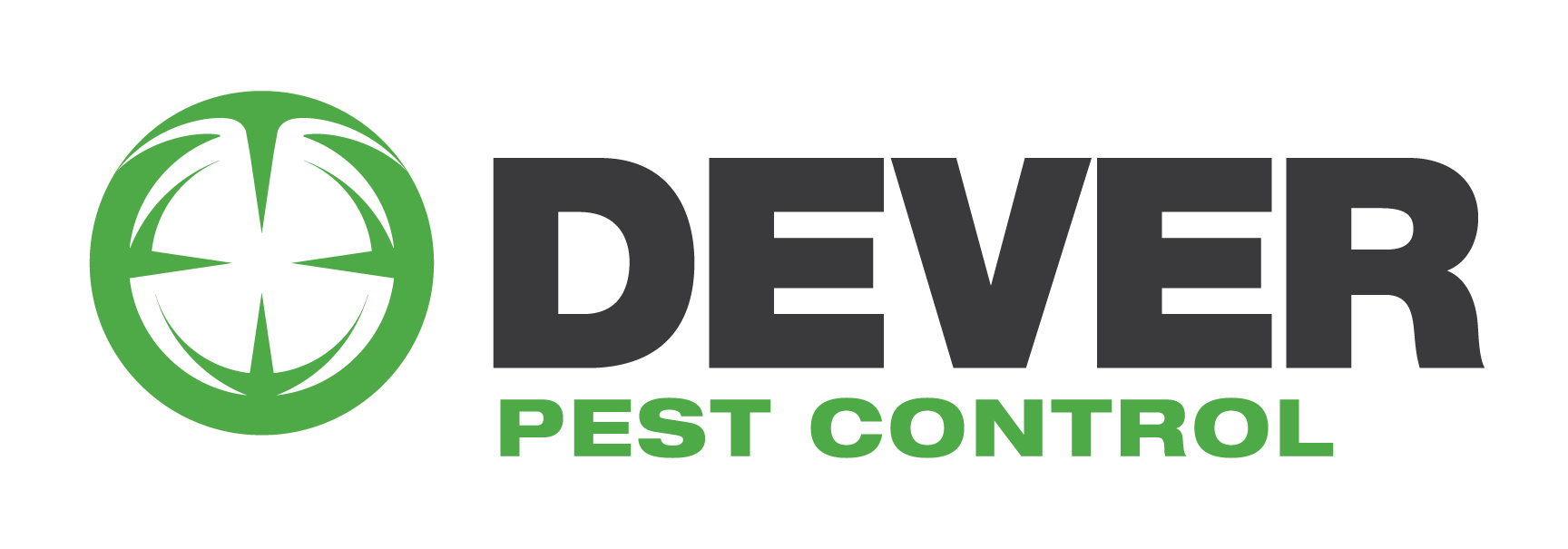 The logo for dever pest control is a green and black logo with a crosshair.