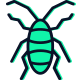 A green bug with long legs and antennas on a white background.