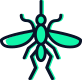 A green mosquito is hanging from a string.