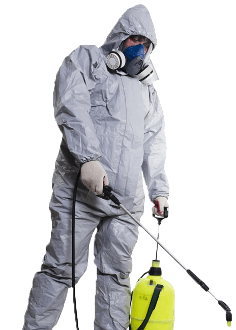 A man in a protective suit is spraying something with a sprayer