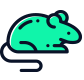 A green mouse with a long tail is sitting on a white background.