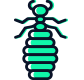 A green line drawing of an ant on a white background.