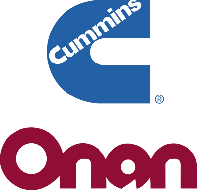 Logo Cummins au-dessus du logo Onan ; forme « C » bleue avec le texte « Cummins » en blanc et le texte « Onan » en bordeaux.