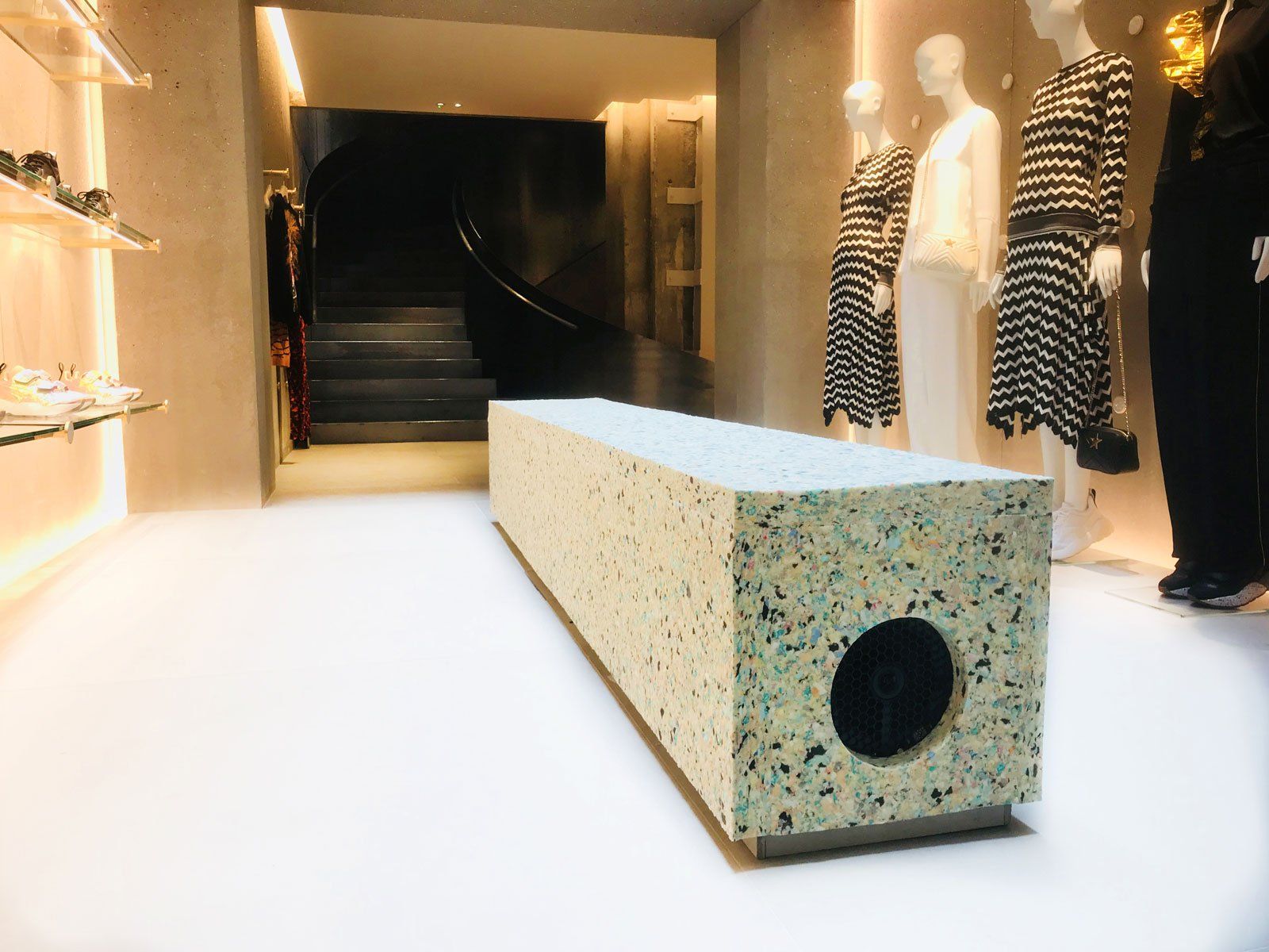 The recycled bench at Stella McCartney by Block London
