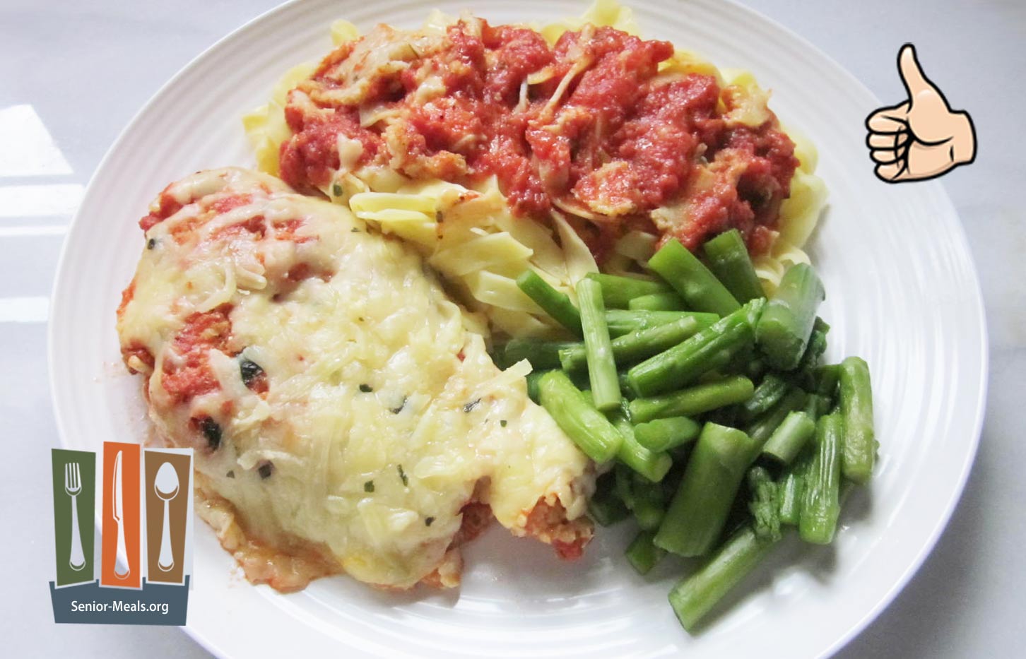 Click to Enlarge Chicken Parmesan with Fresh Pasta and Sauce and Asparagus Cuts - $14