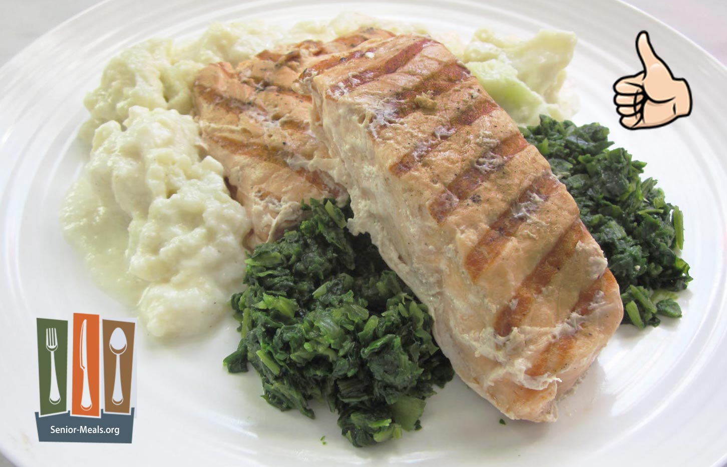 Click to Enlarge Grilled Salmon with Cauliflower Au Gratin and Sous-Vide Spinach - $13