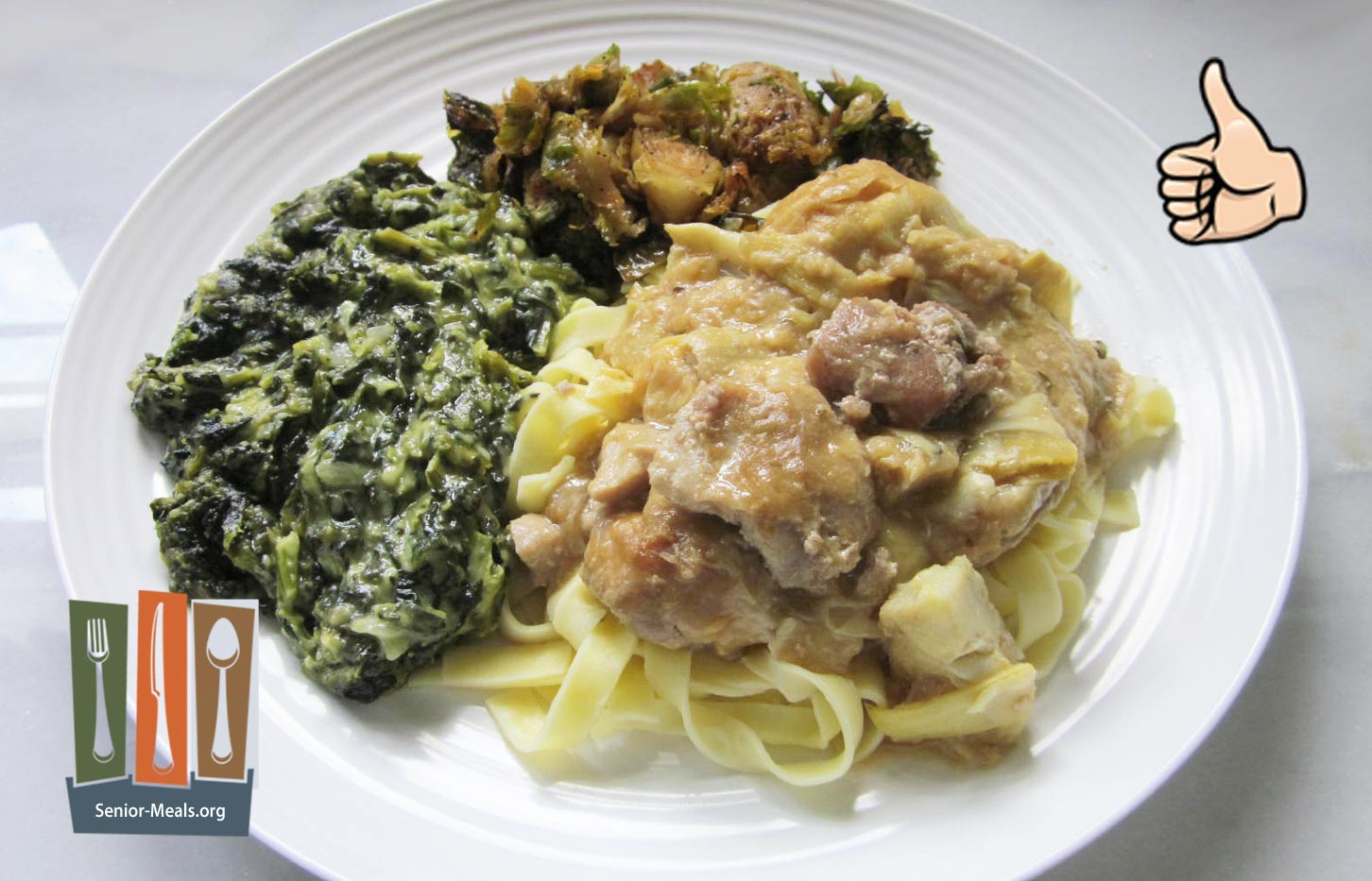 Lemon Chicken with Artichokes Over Pasta, with Spinach with Cream and Shallots and Maple Sriracha Glazed Brussels Sprouts - $15