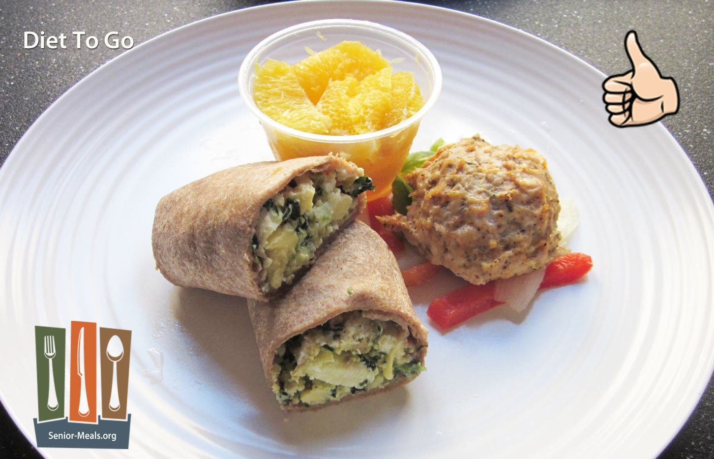 Egg Burrito with Chicken Sausage, Fajita Vegetables, and Orange Segments