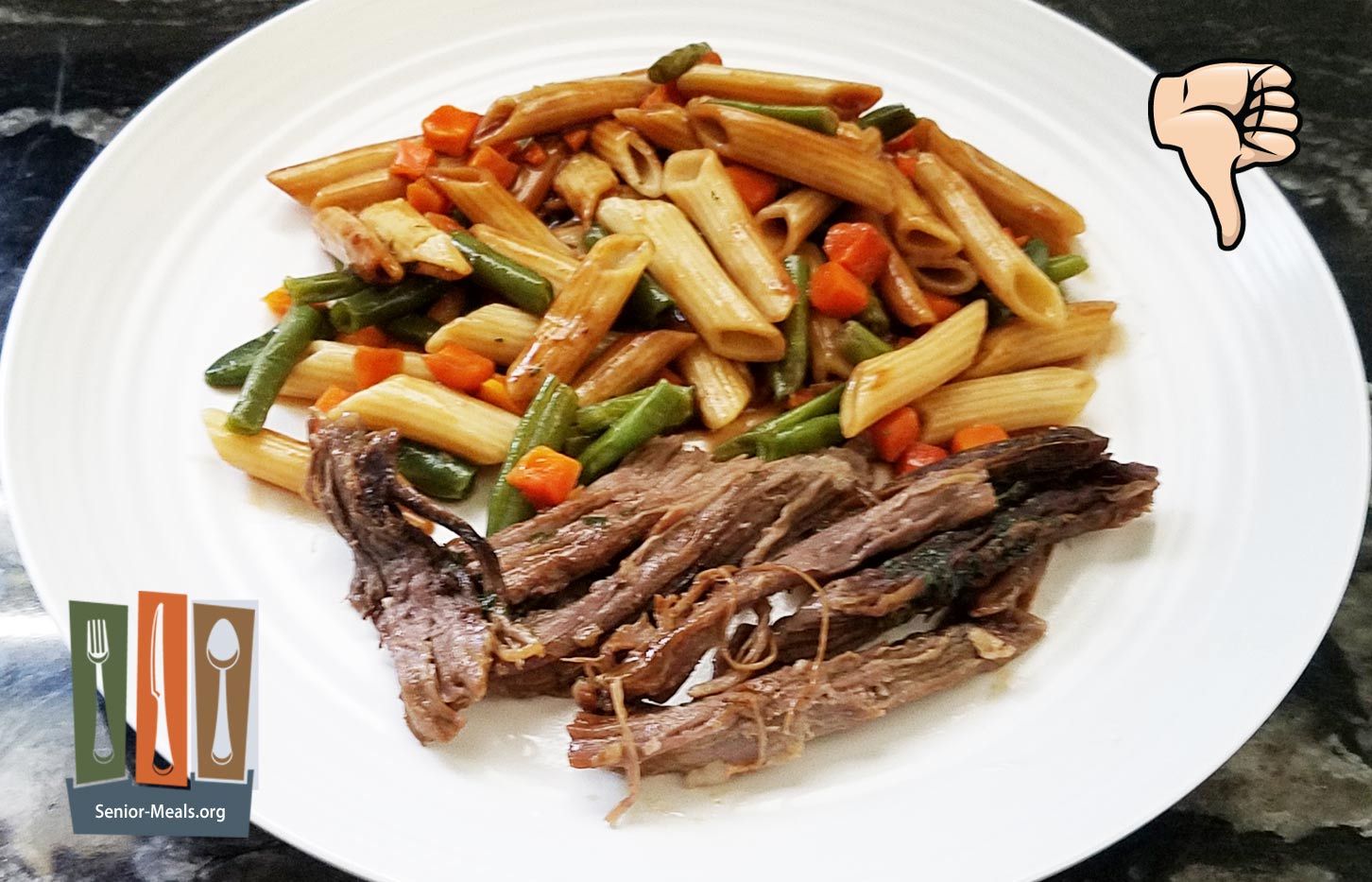 Click to Enlarge Beef Pot Roast with Red Wine Sauce over Noodles with Carrots & Green Beans - $13