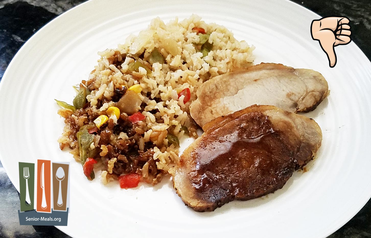 Click to Enlarge Roasted Pork with Hickory Barbecue Sauce over Southwestern Style Rice and Mixed Vegetables - $12