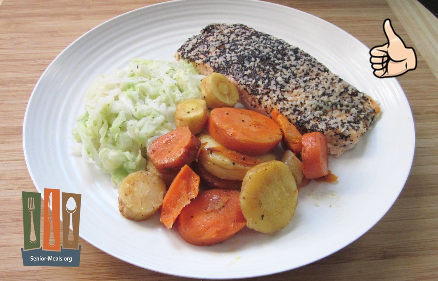 Everything Bagel Crusted Salmon with Buttery Horseradish Cream Cabbage Noodles and Carrots-Parsnip Medley