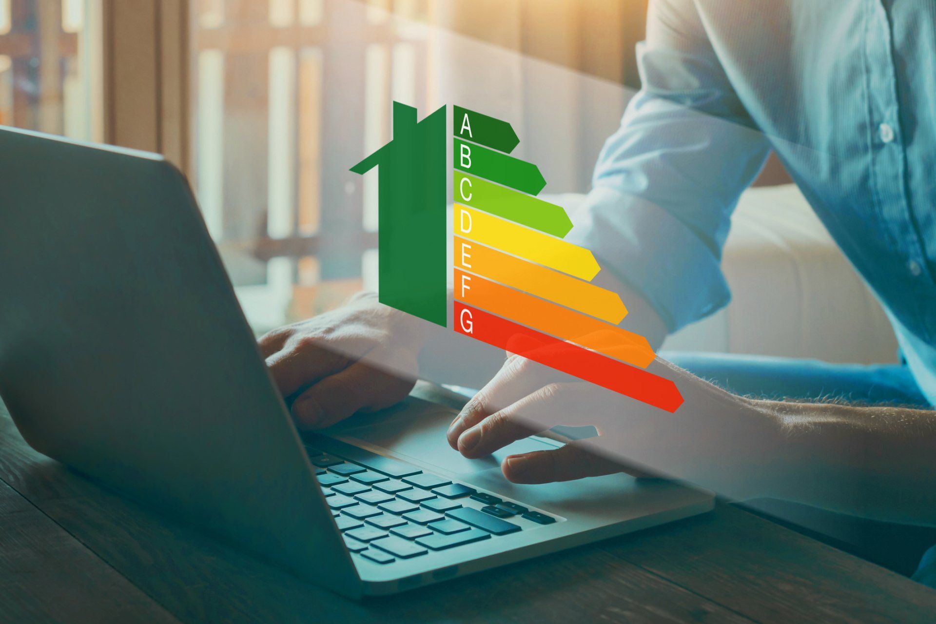 Environmental Evaluation — Meridian, MS — Engineering Plus, Inc. Person using a laptop with an overlaid energy efficiency rating graphic, green to red.