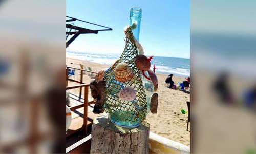una bottiglia di vetro con una rete e delle conchiglie