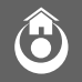White graphic of a house above a circle, all inside a crescent shape, on gray background.