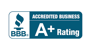 BBB Accredited Business logo, blue and white. Torch symbol. A+ rating.