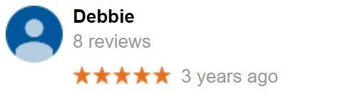 Debbie's review, 5 stars, 3 years ago. Blue avatar icon.