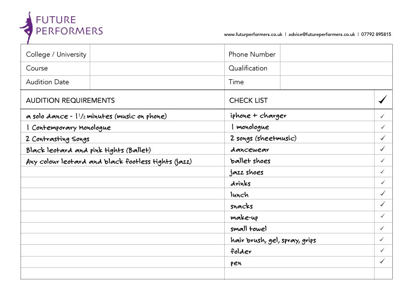 Future Performers Audition Day check list