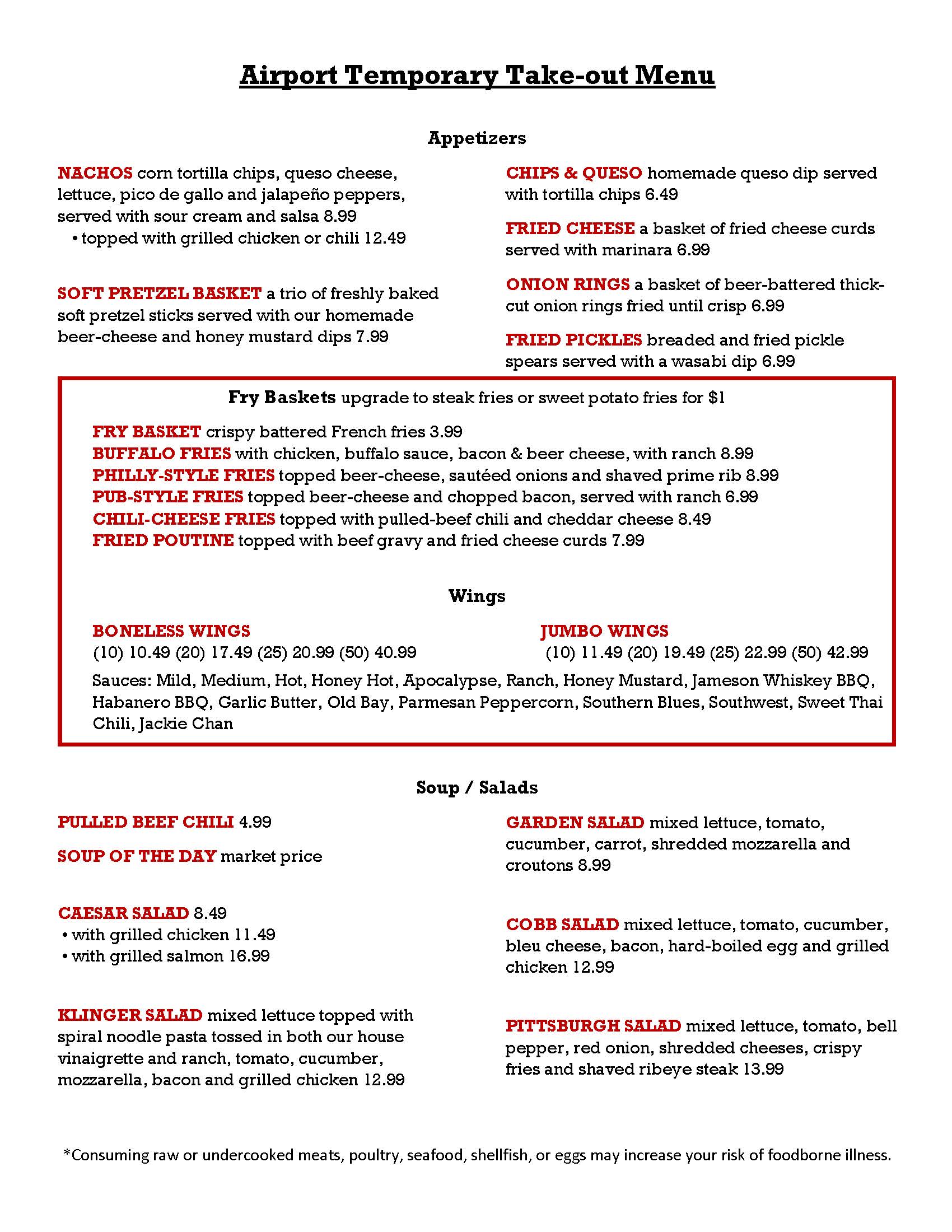 Klingers at the Airport Menu Page 1