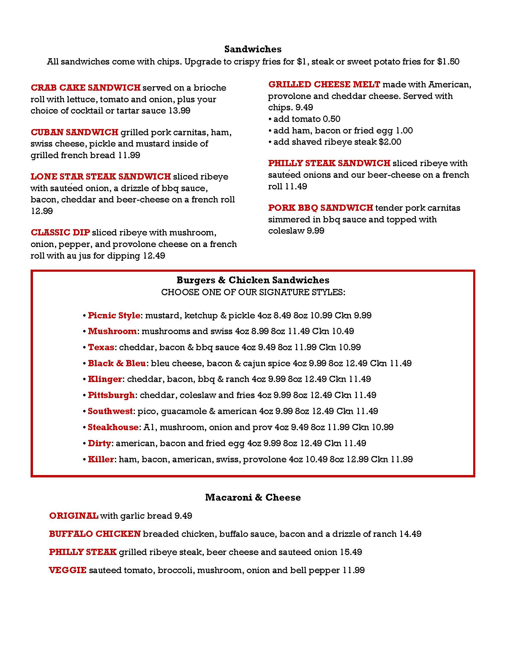 Klingers at the Airport Menu Page 2