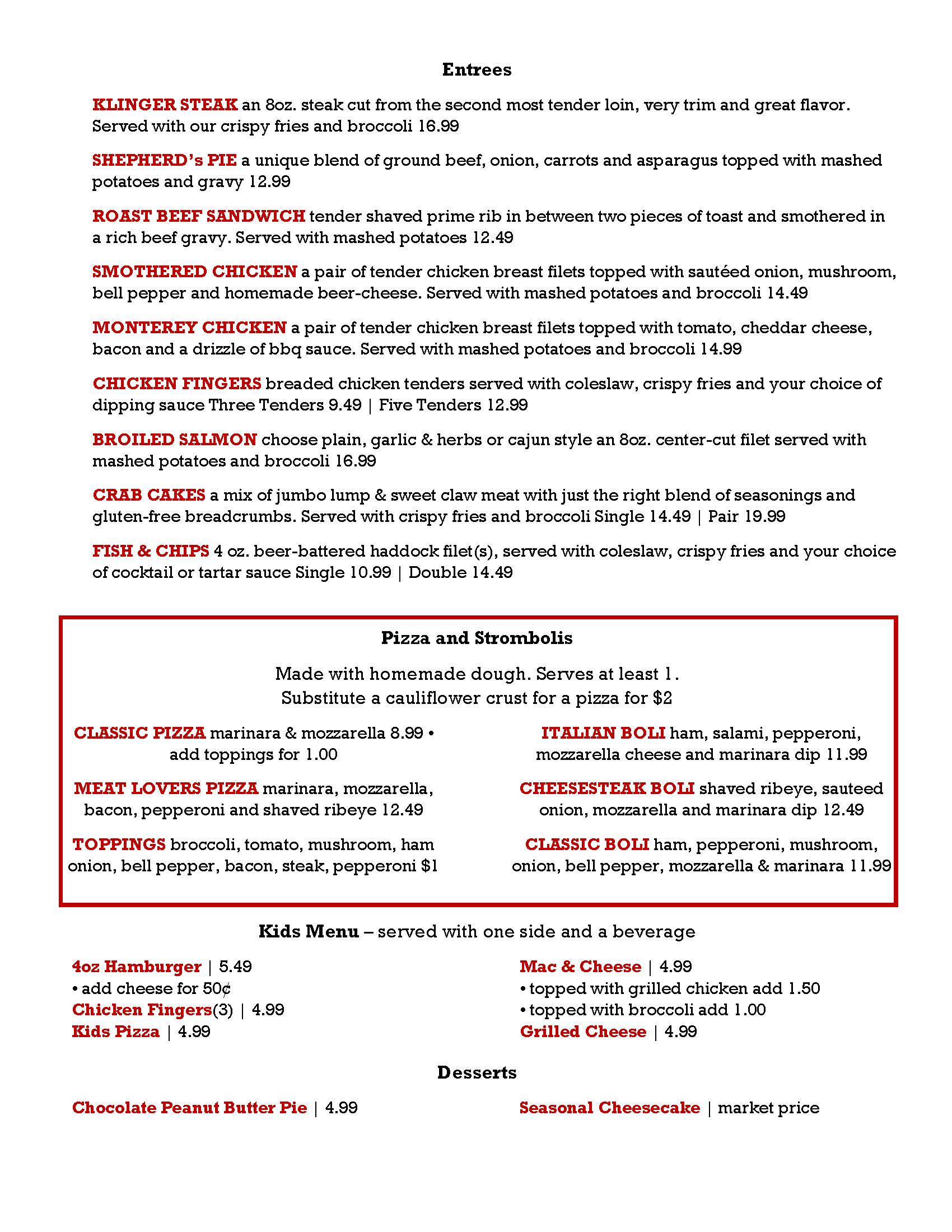 Klingers at the Airport Menu Page 3