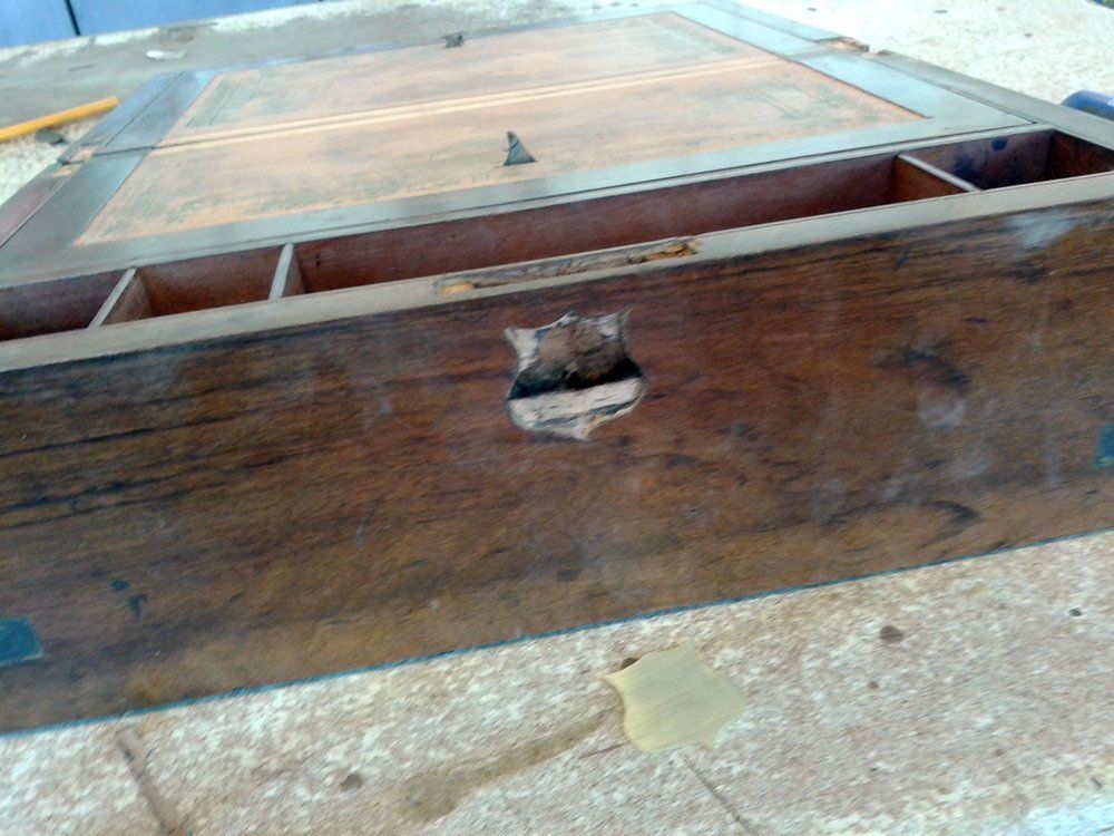 Walnut writing slope, fully restored including a handmade brass key liner in a shield shape, made and fitted by ourselves.