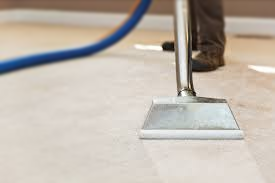Carpet being cleaned with a professional cleaning machine; blue hose, beige carpet.