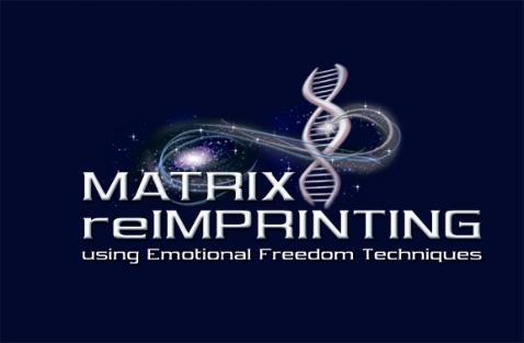 Matrix reimprinting logo with DNA helix on dark blue background, “using Emotional Freedom Techniques” text