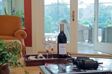 A bottle of wine sits on a tray next to two wine glasses.