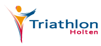 Het logo van Triathlon Holten met een mensachtige figuur in de kleuren oranje, geel, blauw en rood.