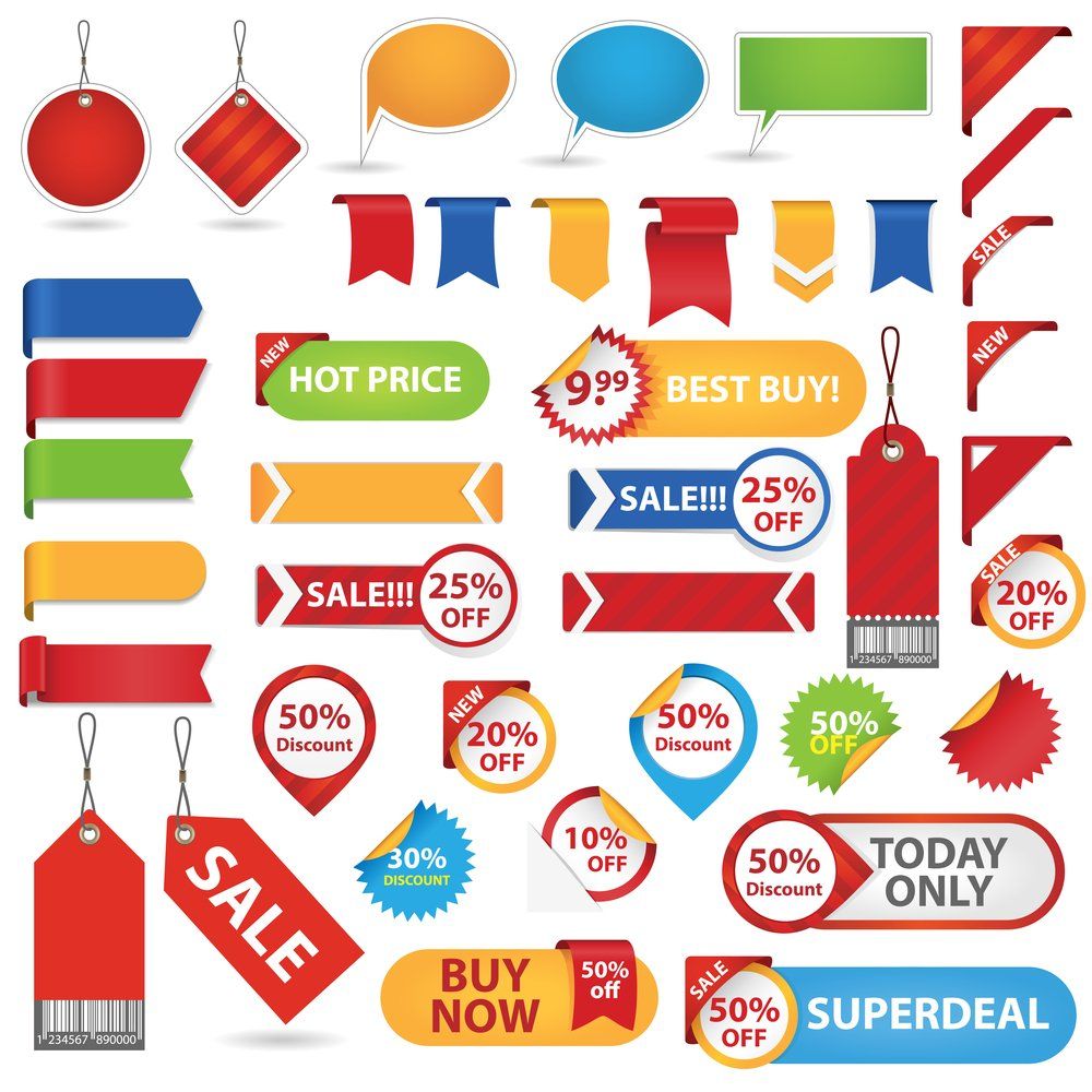 Selection of labels showing sale items and discount offers
