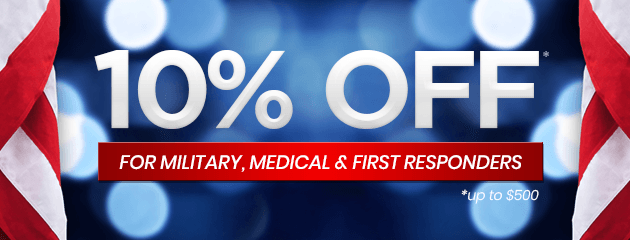 10% off banner for military, medical, and first responders on a blue background
