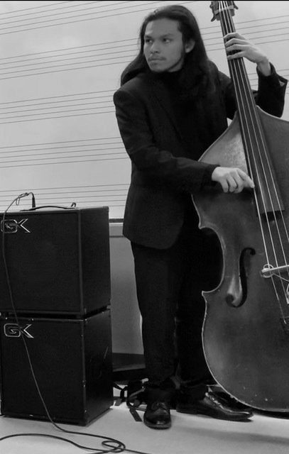 Man with long hair plays upright bass next to an amplifier; music staff visible.