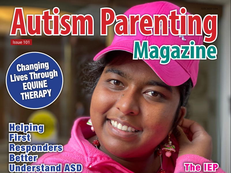 Magazine cover with a woman in a pink cap. Text: Autism Parenting Magazine. Headlines: Equine therapy, ASD help.