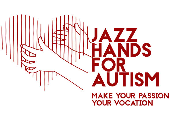 Logo for Jazz Hands for Autism: hands embracing a heart, red text.