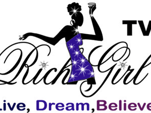 Rich Girl TV logo: Silhouette woman in dress, holding glass.