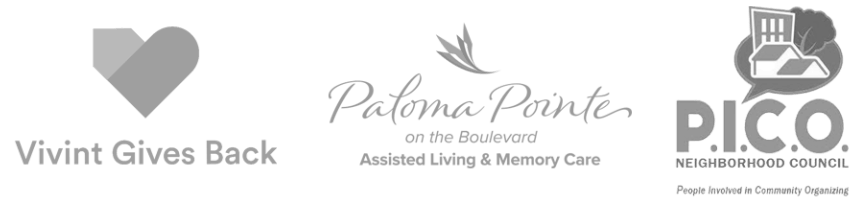 Logos for Vivint Gives Back, Paloma Pointe, and P.I.C.O. Neighborhood Council.