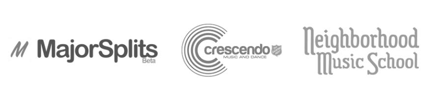 Logos for MajorSplits, Crescendo, and Neighborhood Music School.