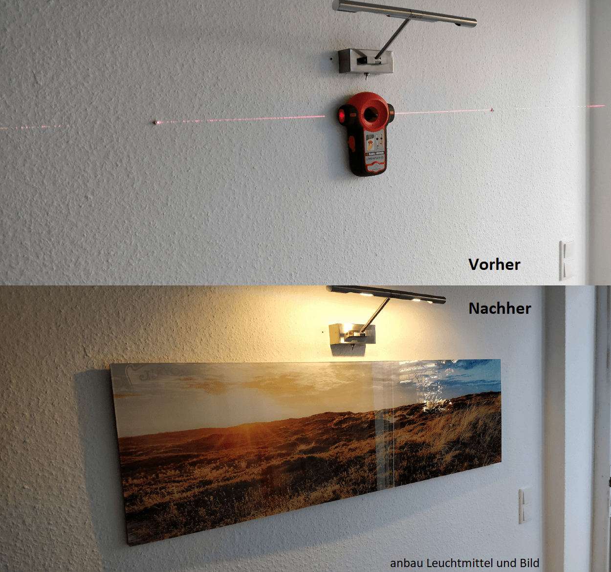 Leuchtmittel und Bild anbringen vorher und nachher