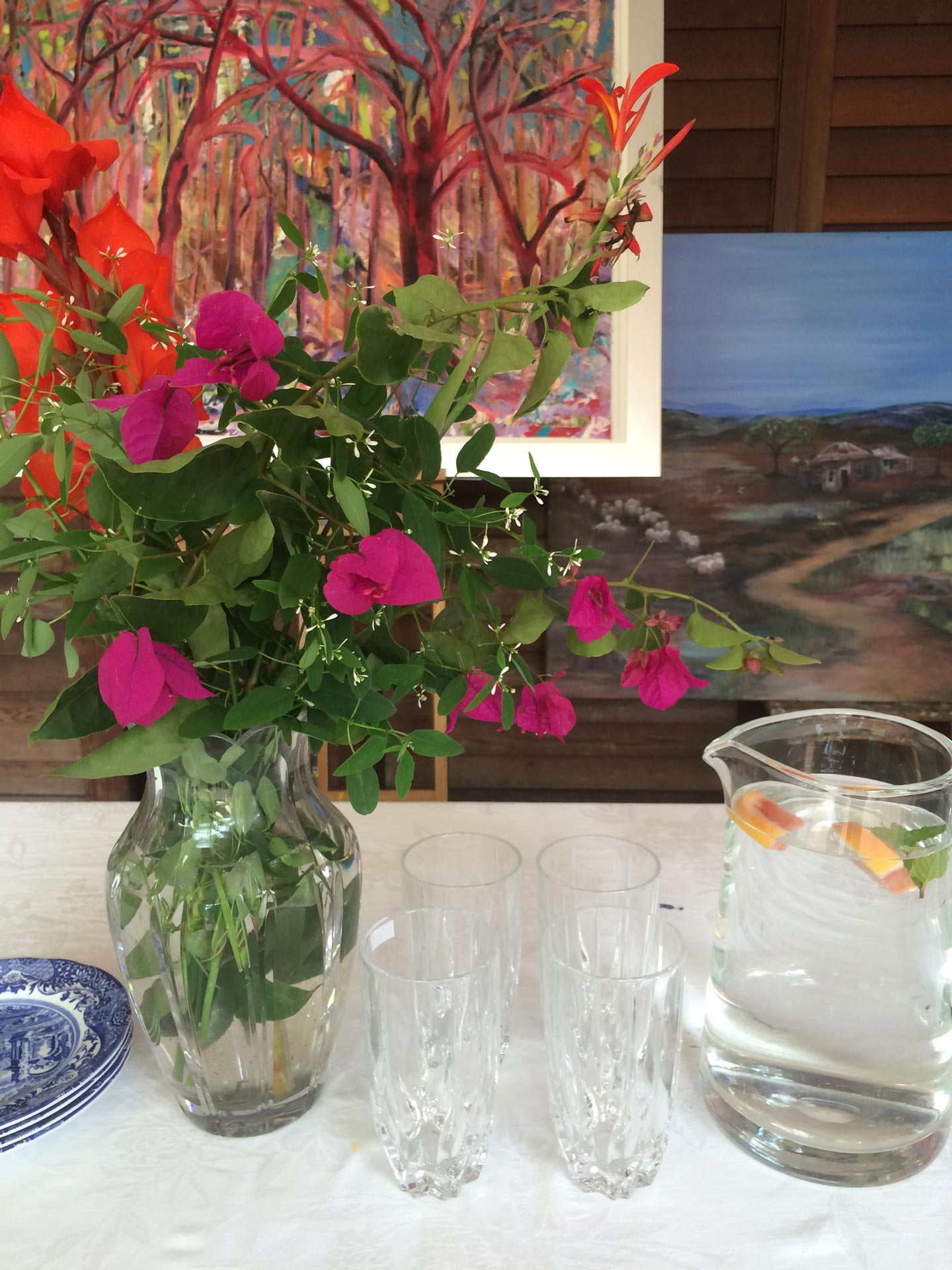 flower vase, glasses, and pitcher