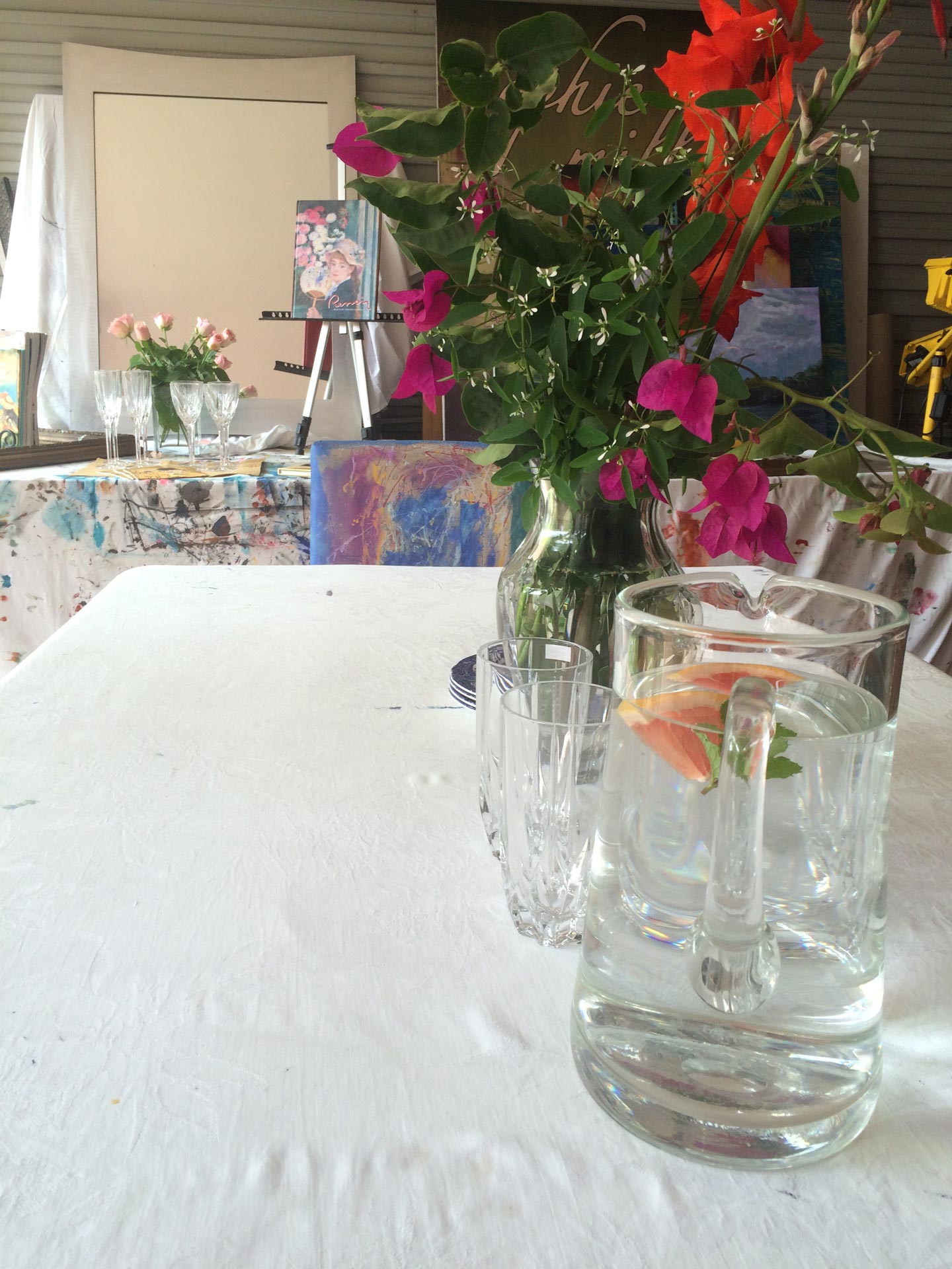 flower vase, glasses, and pitcher
