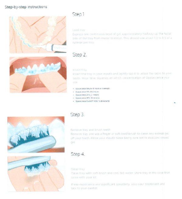 Instructions for applying whitening gel to teeth using a tray and toothbrush.