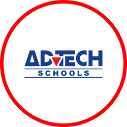 The adtech schools logo is in a red circle