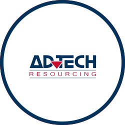 A logo for a company called adtech recruiting in a blue circle.