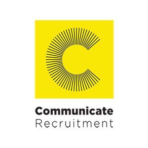 The logo for communicate recruitment is yellow and black.
