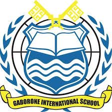 The logo for gaborone international school shows a shield with a book and crosses.