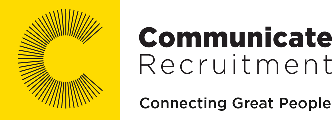 The logo for communicate recruitment is yellow and black and says connecting great people.
