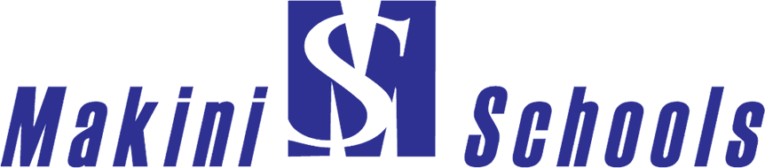 A blue and white logo for makini & schools