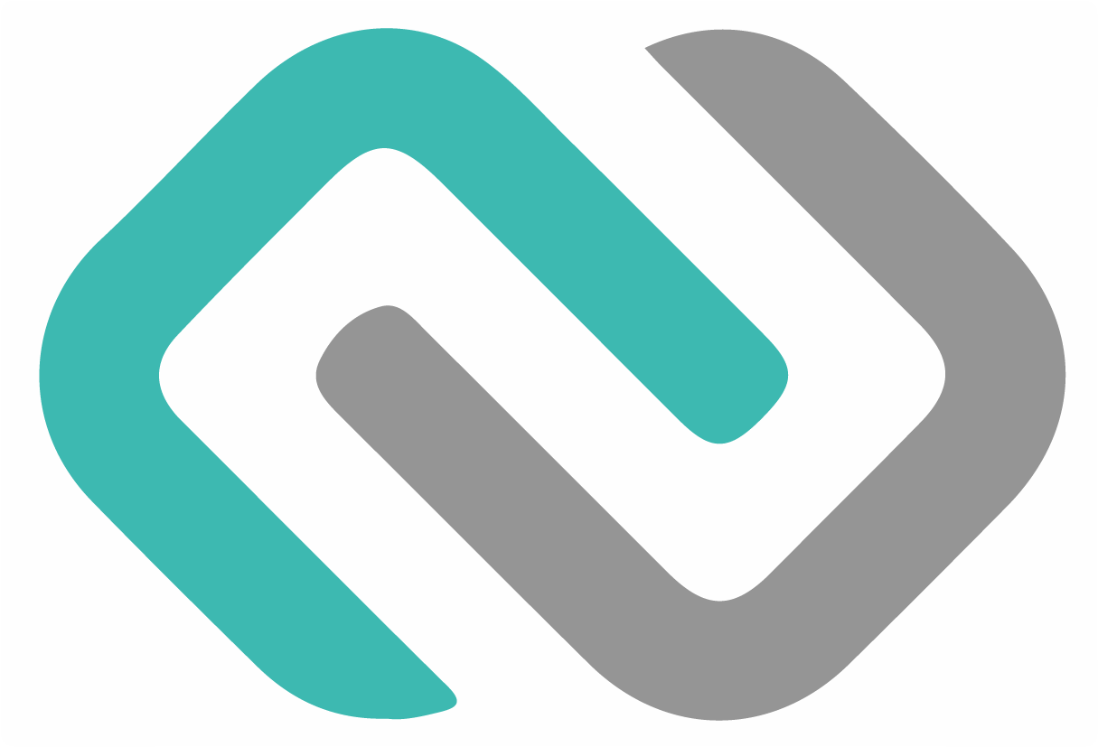 Teal and gray intertwined, rounded-square logo.