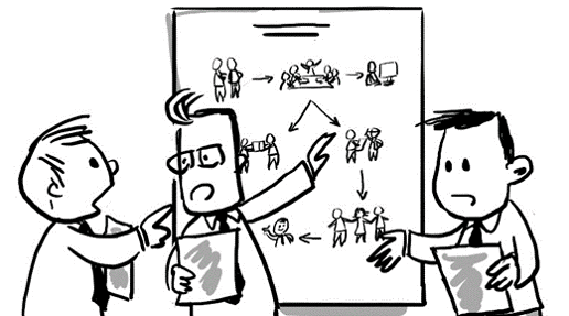 A graphic of business people discussing a chart drawn onto a whiteboard 