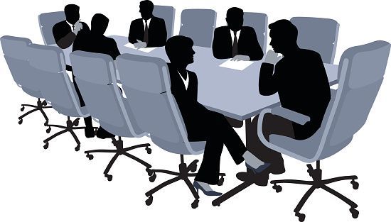 A greyscale graphic of a business meeting